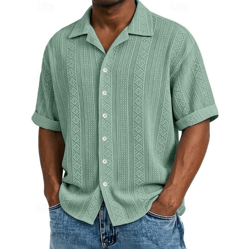 Men's Shirt Texture Button Down Shirt Jacquard Shirt Black White Light Green Navy Blue Purple Short Sleeve