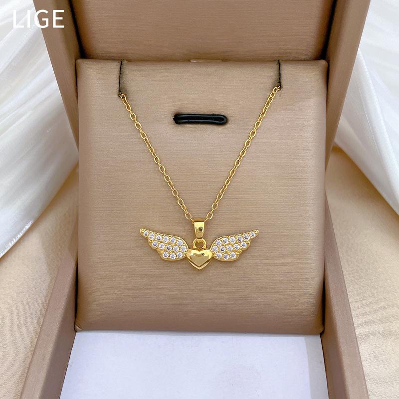 Compact Love Wings Light Luxury Temperament Gorgeous Full Diamond Necklace Female Versatile Collarbone Chain Titanium Steel Chain