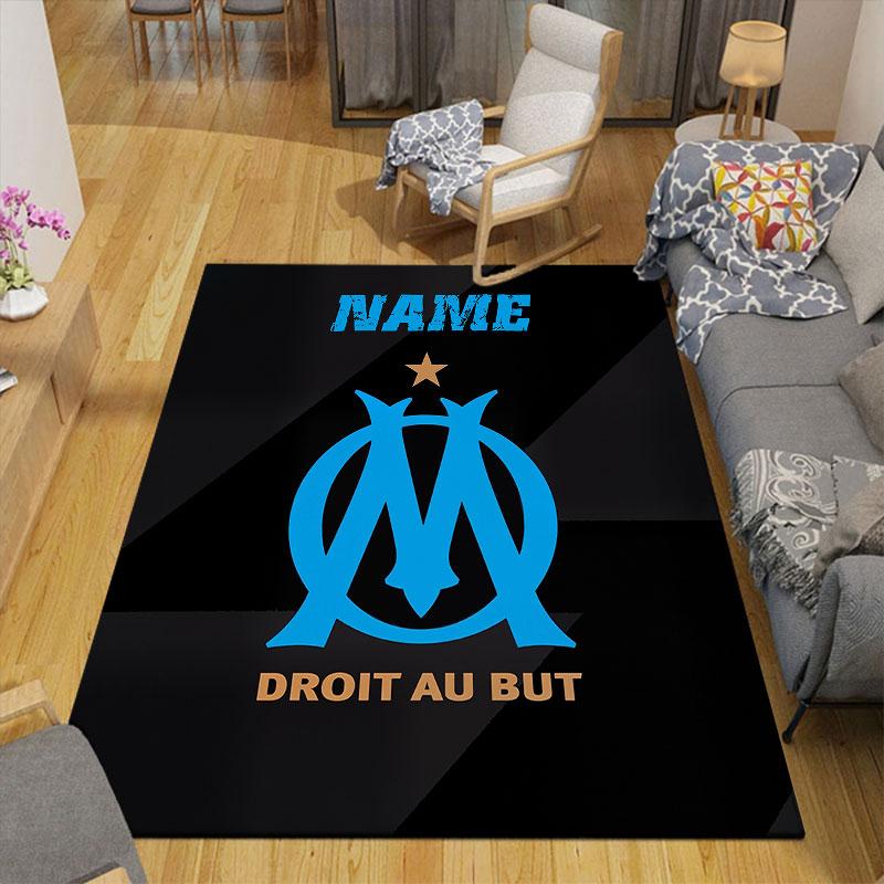 Custom Name,Olympique De Marseille Home Sofa Decoration for Living Room & Bedroom, Non‑Slip Play Flannel Floor Mat for Game Room