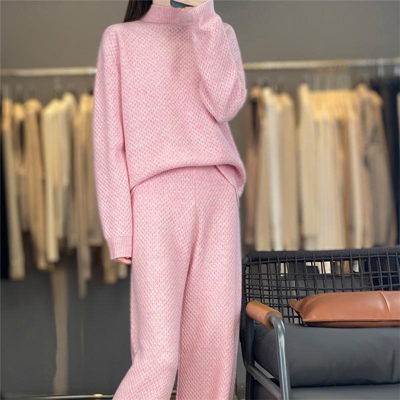 Women's Purple High Neck Wool Sweater & Wide-Leg Pants Set - Autumn/Winter Fashion