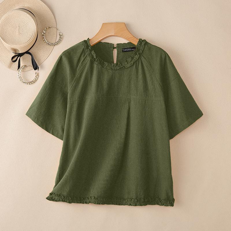 ZANZEA Women Casual Round Neck Solid Color Short Sleeve Blouse