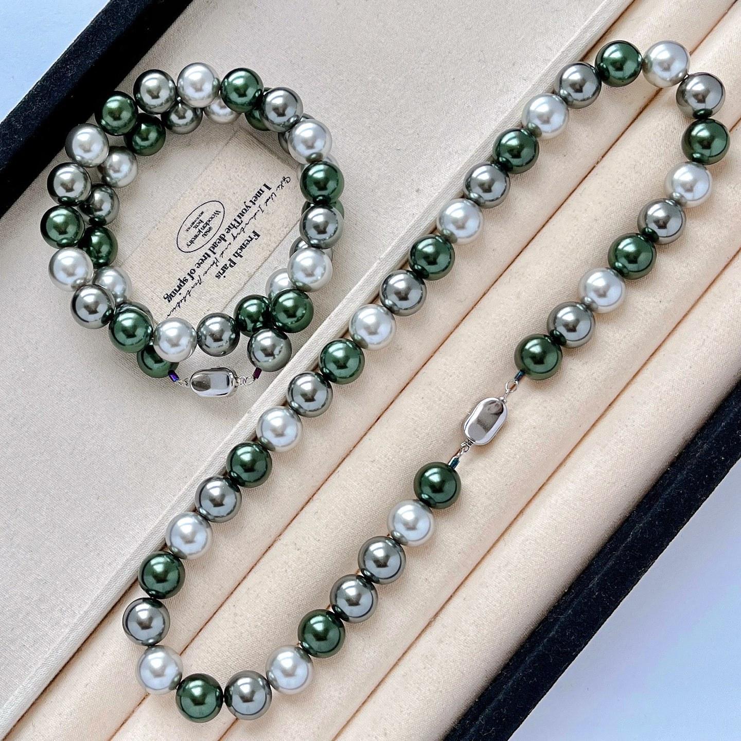 12Mm Large Granular Dark Night Black Malachite Green Mixed Color Highlight High Quality Artificial Crystal Pearl Necklace Clavicle Chain