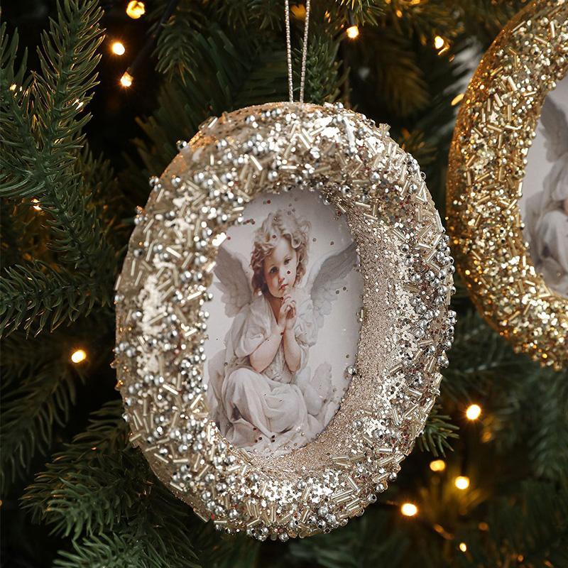 Foam Frame Angel Christmas Tree Pendant Golden Silver Square Circular Frame Hanging Christmas Decoration