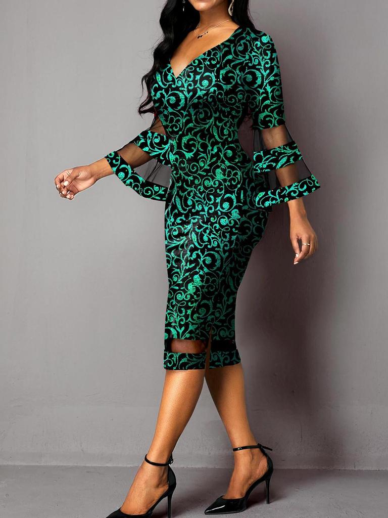 European Elegance: Floral Mesh Patchwork Bodycon Skirt Dress - V-neck Style for Women (2025)