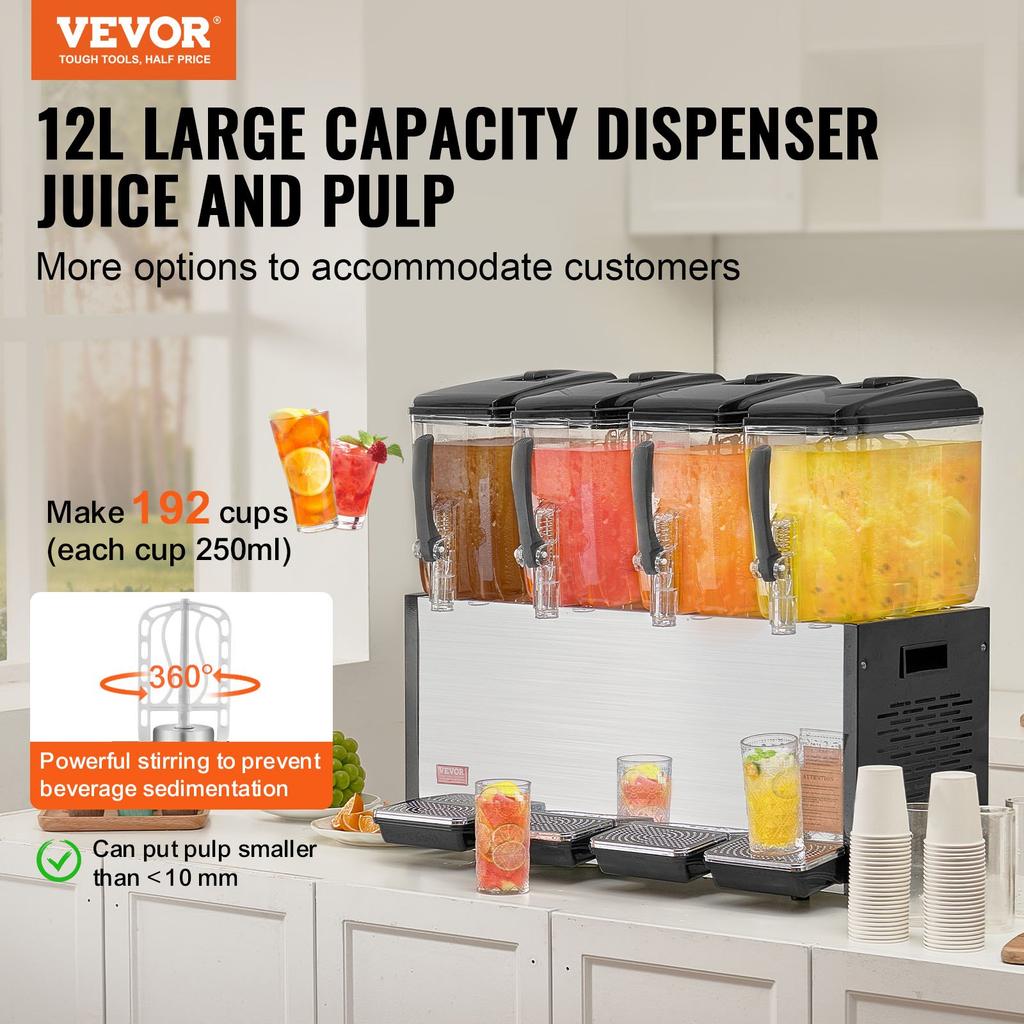 VEVOR Commercial Beverage Dispenser, 4 Tanks 12 L Per Tank Juice Dispenser