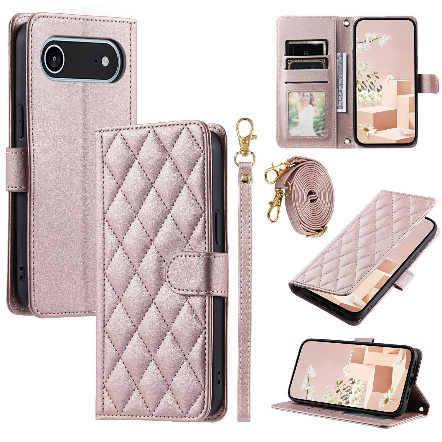 

For iPhone 17 Air Case Wallet Rhombus Grid PU Leather Phone Cover Rose Gold