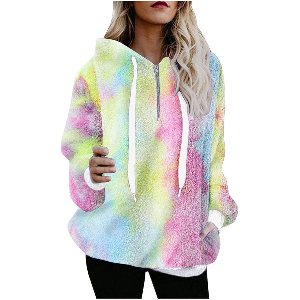 Fashion Women's Winter Casual Loose Print Plush Long Sleeve Pocket Drawstring Hooded Jacket