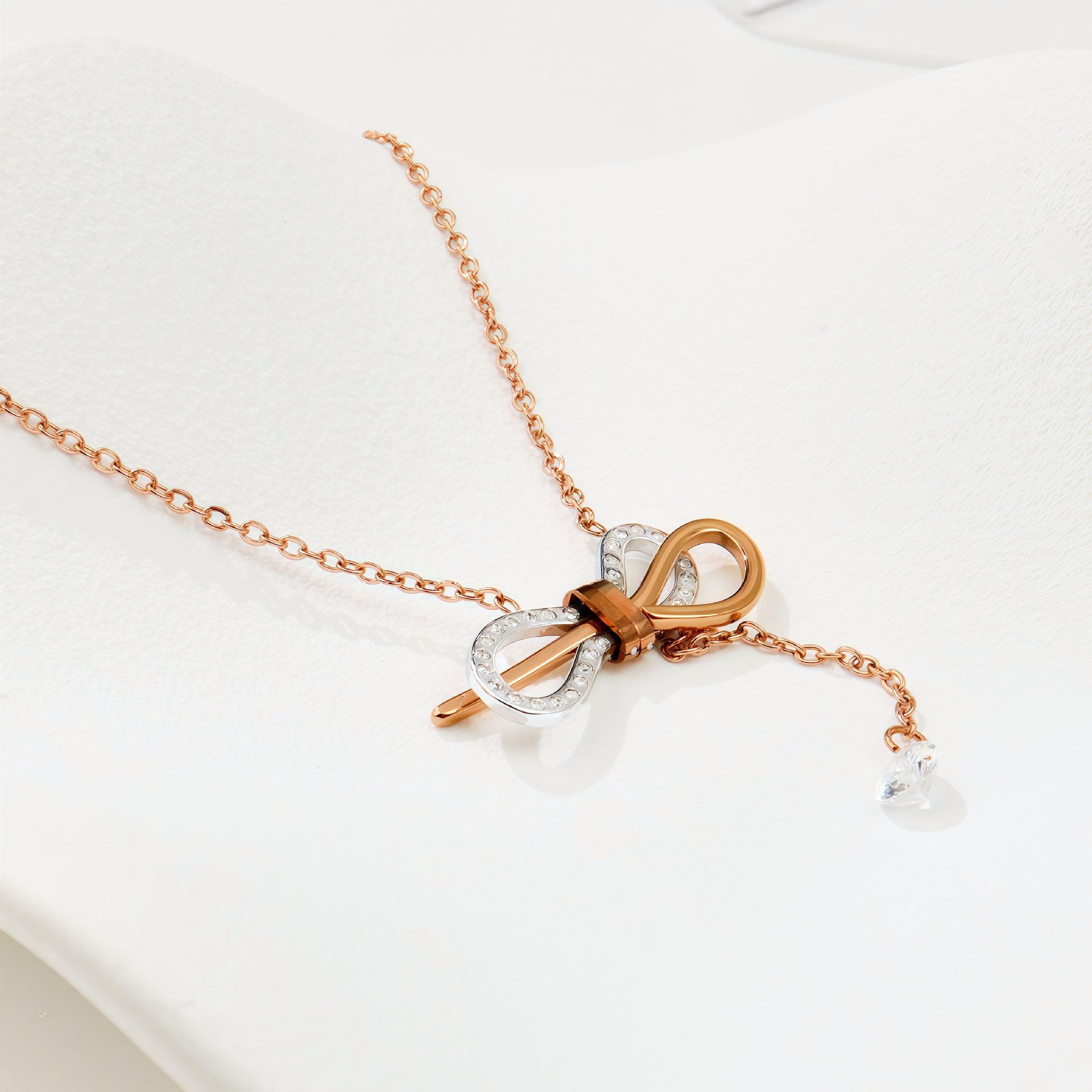 Light Luxury Rose Gold Long Bow Necklace Y-Shaped Titanium Steel Necklace Birthday Gift Sweet Necklace Female