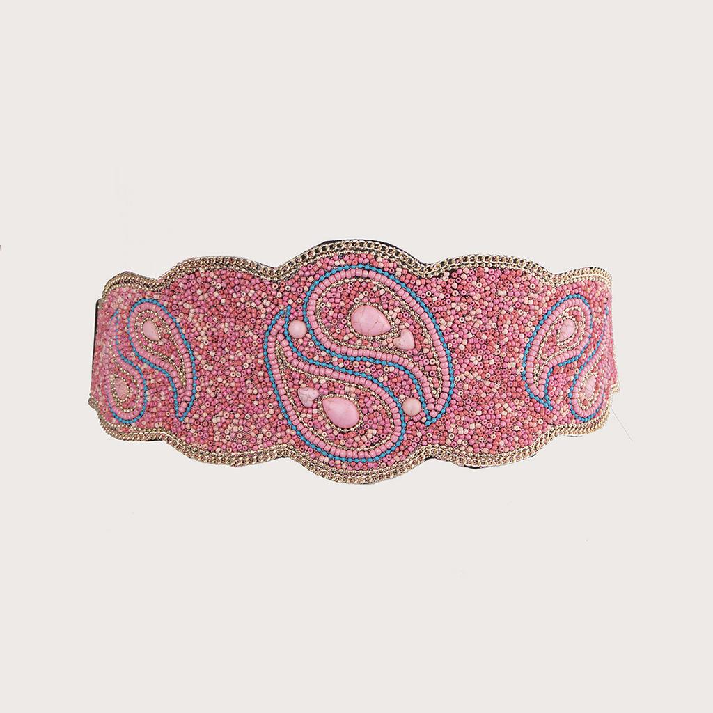 New Taiji Pattern Bead Elastic Buckle Waist Belt, Heavy Industry Bohemian Ethnic Style Women's Belt
