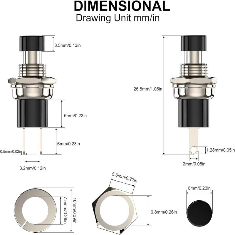 12pcs Momentary Push Button Switch, 1A 250VAC SPST Mini Pushbutton Switches Normally Open(NO) Black & Red Cap