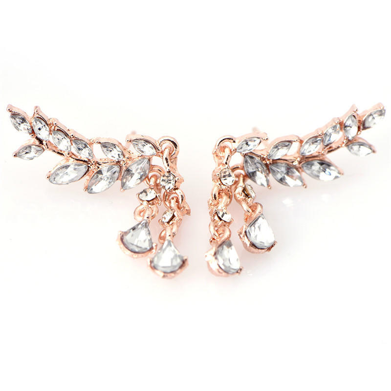 Fashion Crystal Rhinestone Leaves Tassel Women Zircon Ear Stud Earrings Jewelry розового золота