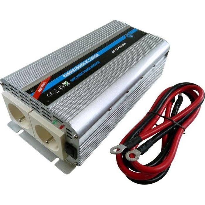 Voltage Converter - HTC TECHNIC - 12V/220 V - Power 1000 W - With 2 mains sockets grigio