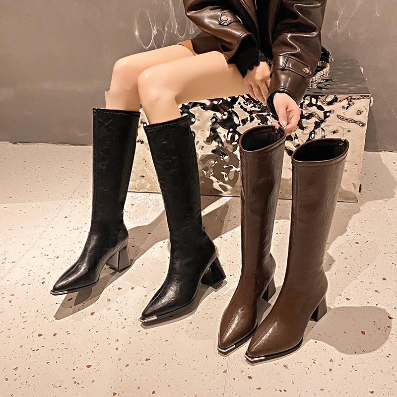High boots 2025 new spring and autumn shiny boots children's long boots pointed toe thick heel high-heeled knight boots