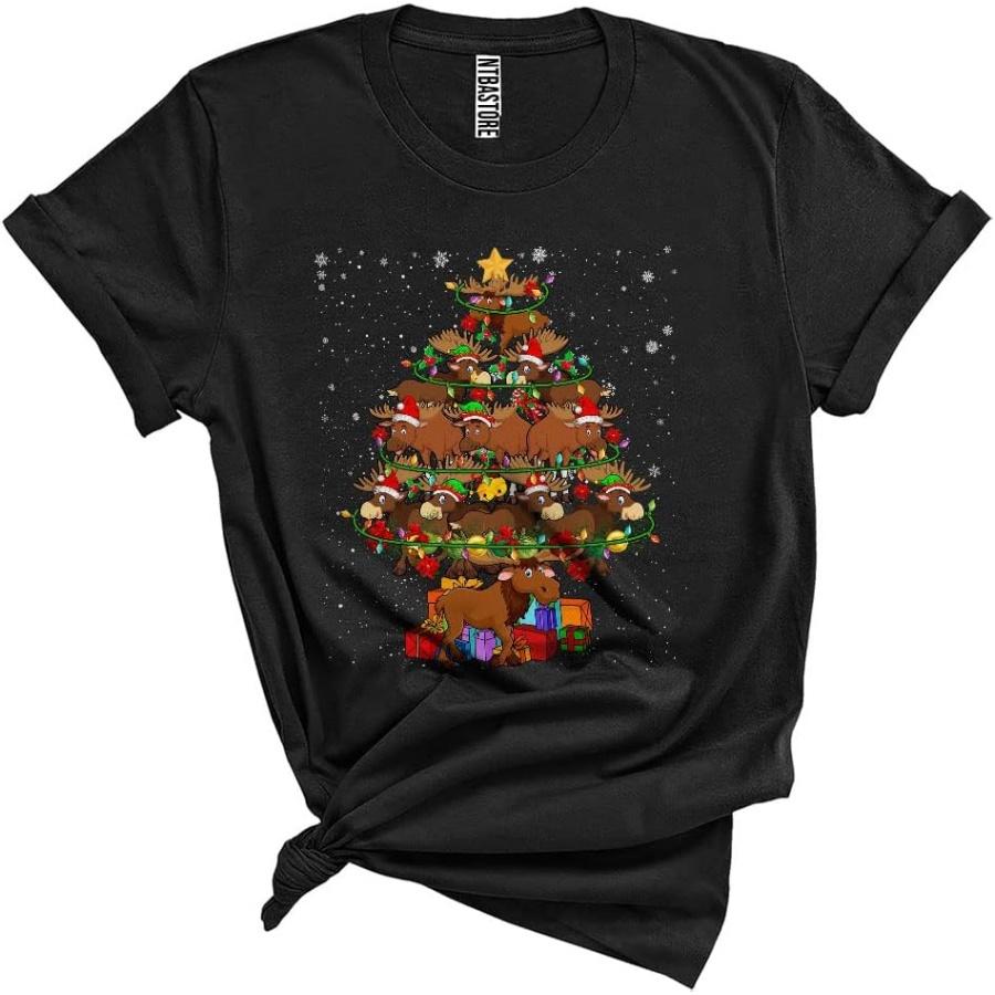 Santa ELF Reindeer Moose Christmas Tree Funny Cute Xmas Lights Christmas Moose Animal Lover Unisex T-Shirt Black XXXXXL чёрный