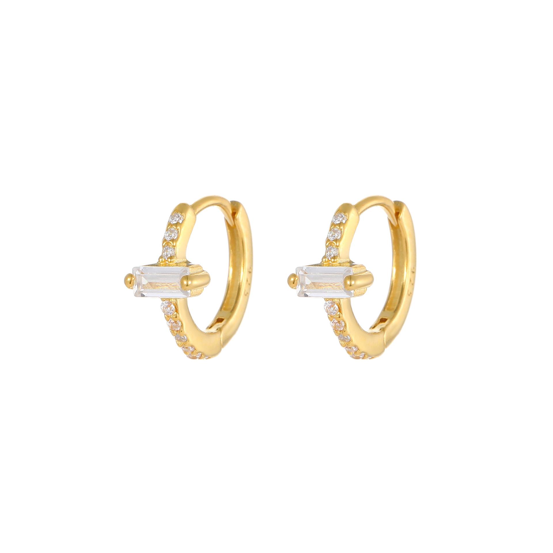925 Sterling Silver 18K Gold Plated Baguette CZ Huggie Hoop Earrings for Women, Dainty Emerald Cut Zircon Small Hoop Earrings