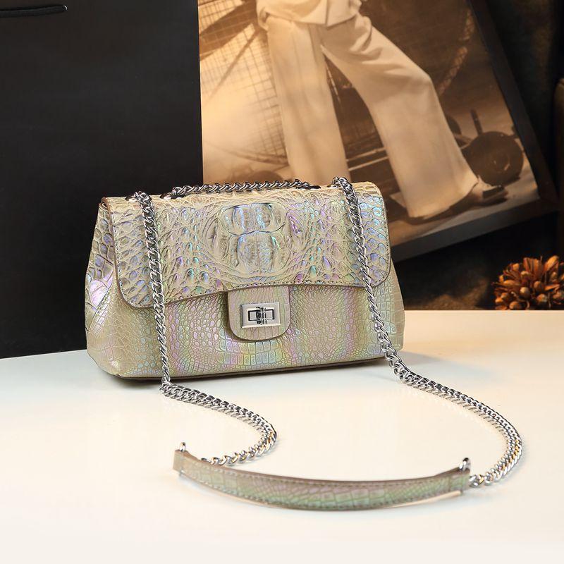 White Crocodile Pattern Women's Bag Big Brand Lock Small Square Bag Fashionable Shoulder Crossbody Bag Chain Bag