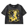 Bear Cartoon Pattern Printing Women Washed Short T-Shirt Soft Tshirts Street Distress T Shirts Sports Breathable Tshirt