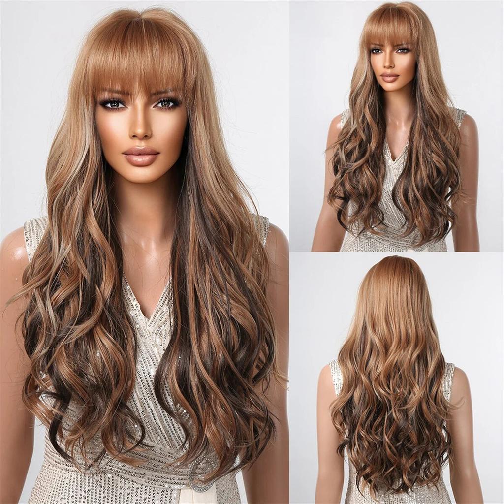 Long Water Wave Synthetic Wigs with Bangs Natural Ginger Brown Loose Curly Wavy Wig for Black White Women Heat Resistant Daily
