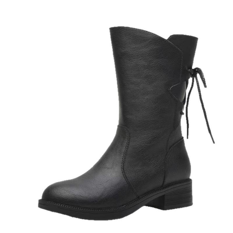 Soft Leather Medium Boots Women's Winter Velvet Autumn and Winter New Spring and Autumn Boots Thick Heel Medium Heel Fashion Boots Women's Boots