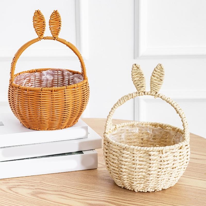 Durable Handmade Basket In Neutral Tone With Fun Rabbits Ear Detail Perfect For Fashion Home Decorations