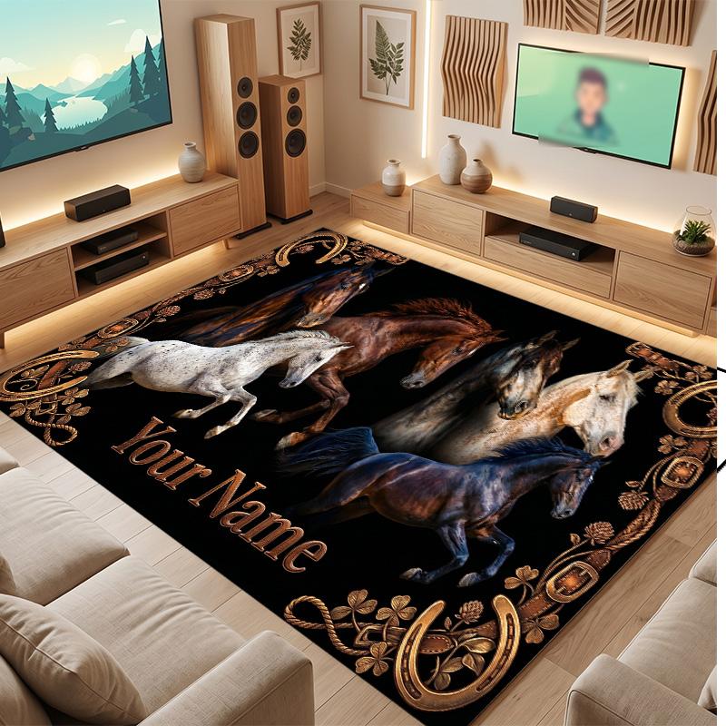 Horse Theme Soft Crystal Velvet Rug Custom Name & Text Print Non Slip Floor Rug for Bedroom Living Room