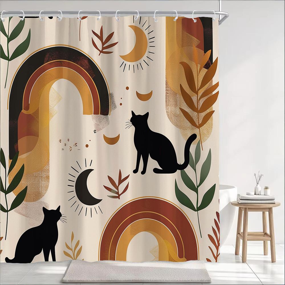 1Pc Nordic Art Cartoon Black Cat Print Shower Curtain Partition Privacy Hanging Bathroom Curtain With Hooks Decoration Curtain