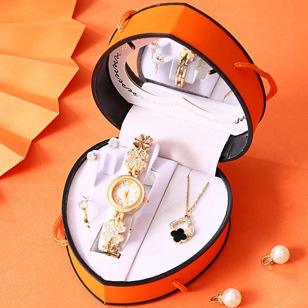 Heart-Shaped Diamond Watch & Necklace Set - Stainless Steel Gift Box for Teacher's Day or Holiday Gift for Girlfriend