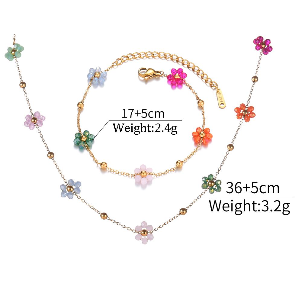 Vergulde Roestvrij Staal Waterdichte Ketting Armband Set Kleurrijke Kunstmatige Kristal Bloem Ketting Sieraden Set voor Vrouwen Cadeau