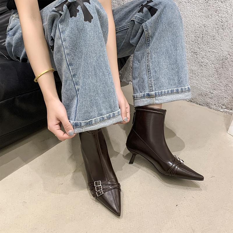 Pointed Toe Stiletto Heel Booties 2025 Autumn and Winter New Belt Buckle Sexy French Celebrity Temperament Fashion Boots