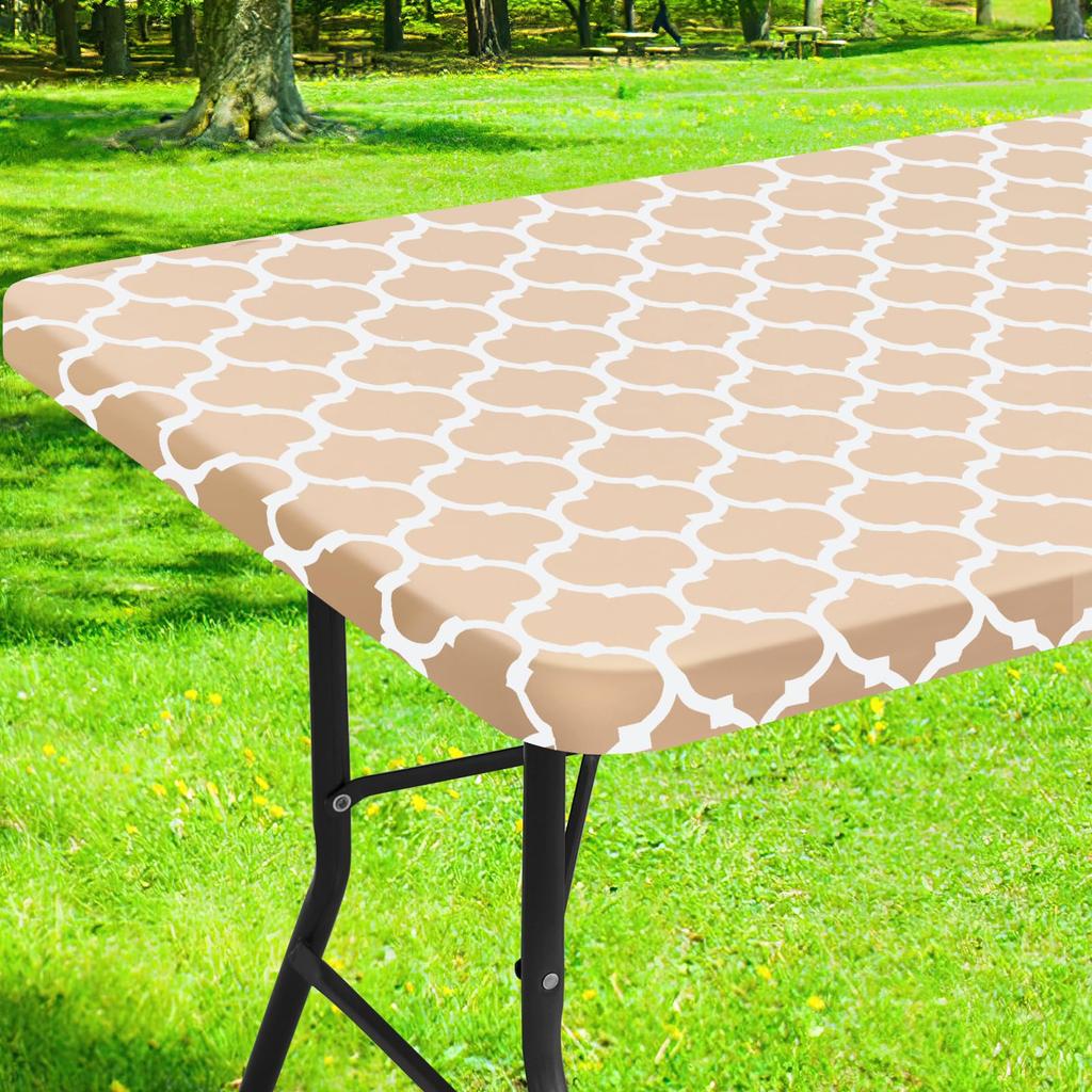 Olanly Rectangle and Round Table Cloth Waterproof Elastic Fitted Table Covers Wipeable Tablecloth Camping for Indoor Outdoor
