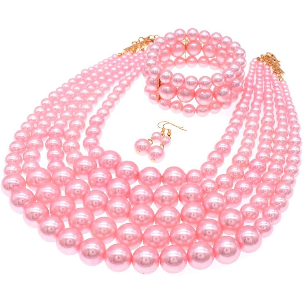Perlen-Halskette für Damen Mehrsträngiges Armband und Ohrringe Set Kostümschmuck Zubehör