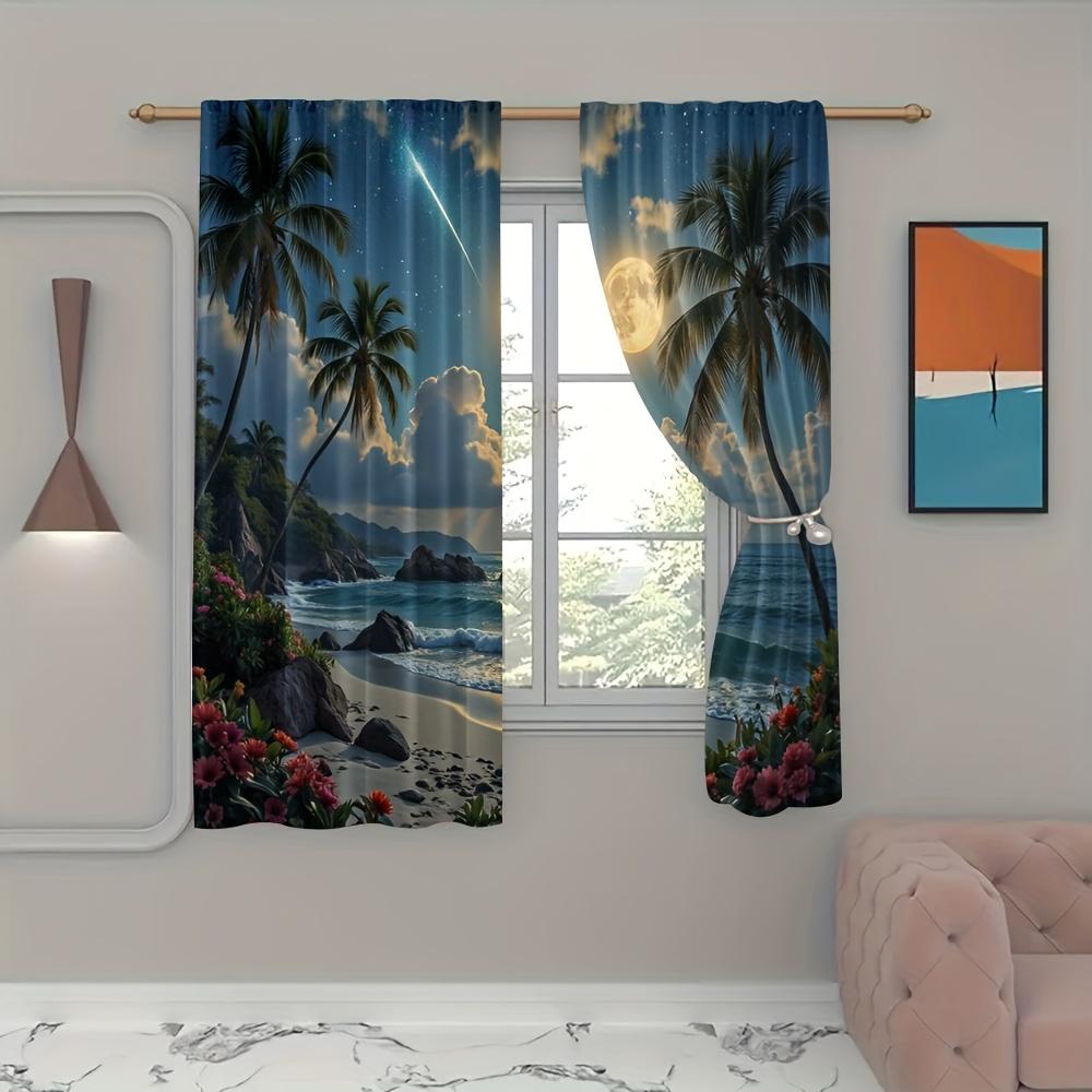 2pcs Tropical Beach Moonlit Night Scene Blackout Curtains    Polyester Knit Weave   Machine Washable   All-Season Drapes for