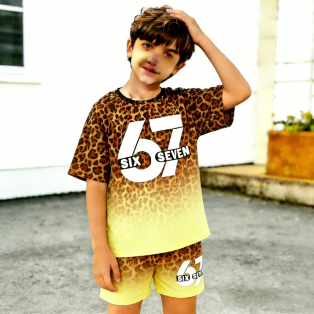 Fashion Leopard 67 Colorful Gradient Printed Kids T-shirt and Shorts 2 Piece Set Summer Casual Outfit for Boy's and Girl's Kids Clothing Top