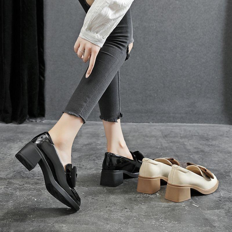 Genuine Soft Leather British Style Women's Square Toe Loafers New Design Spring Fall Bow Detail Mid Heel Casual Shoes Hot Sale