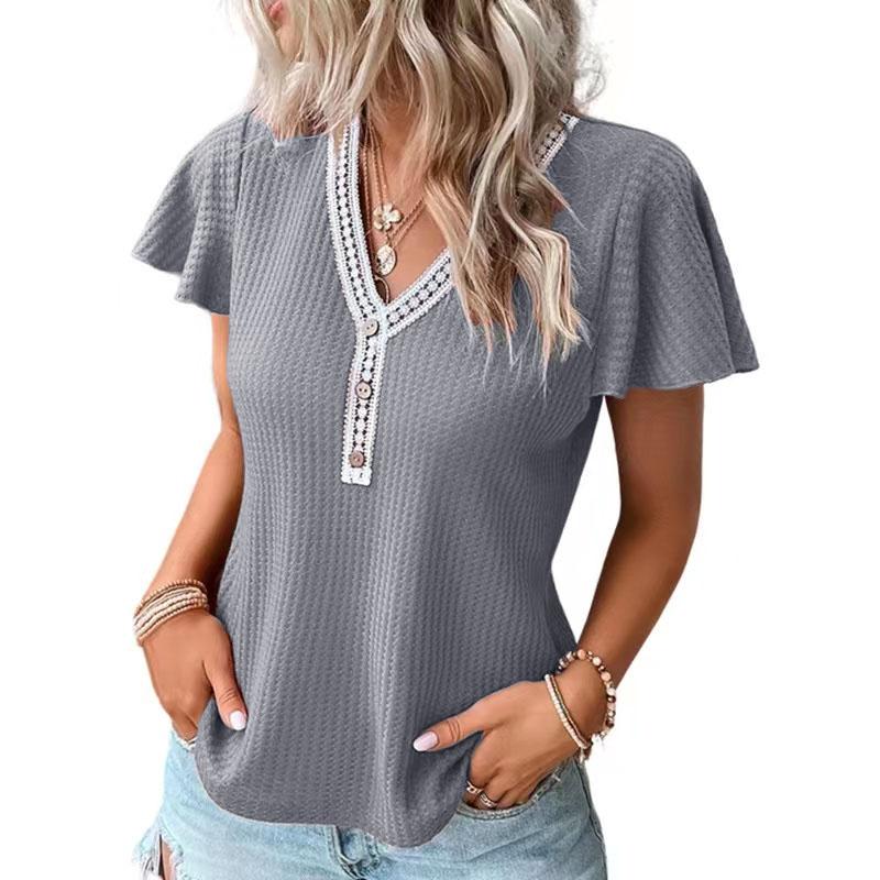 Women's Solid Color V Neck Waffle Panel Short Sleeve T-Shirt