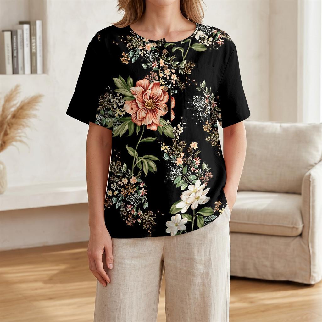 Damen Kurzarm Hemd aus Baumwolle und Leinen mit Modischem Print Henley Knopfleiste und Brusttasche für Freizeitkleidung