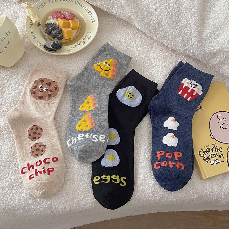 Korean Women's Mid-Calf Socks - Cute Pizza, Cookie, Cheese Biscuit Cartoon Design