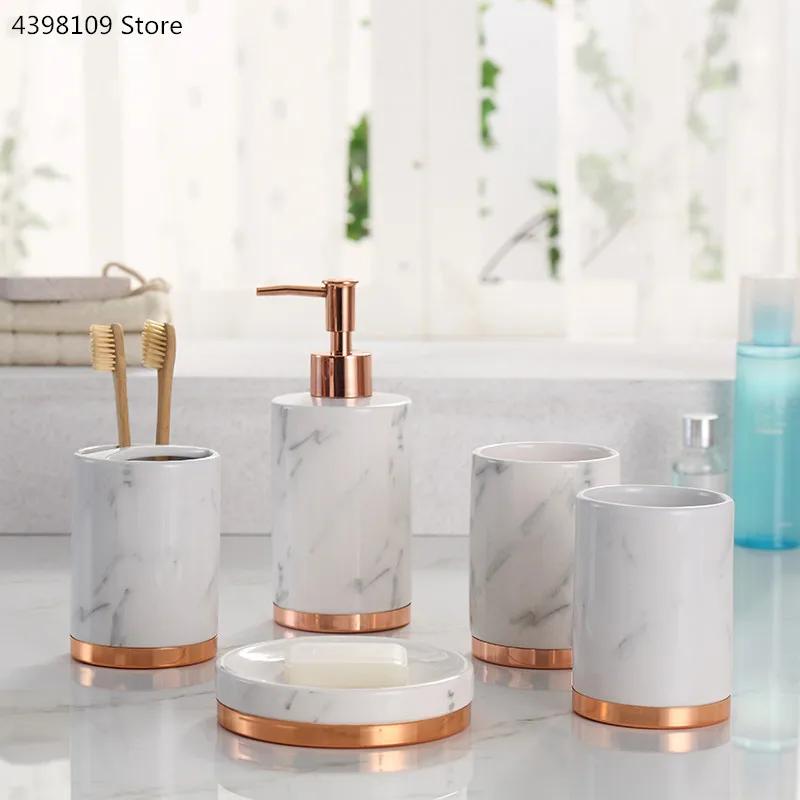 Black Marble Texture Ceramic Bathroom Supplies / Bathroom Accessories with Dispenser Toothbrush Holder Soap Dispenser Tray