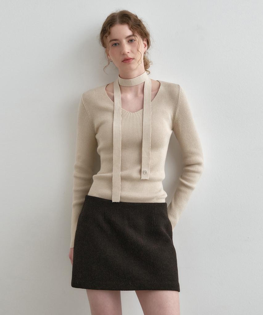MONGDOL [Muffler Set] V-Neck Slim Ribbed Knit Top Mdkt122_6 Colors