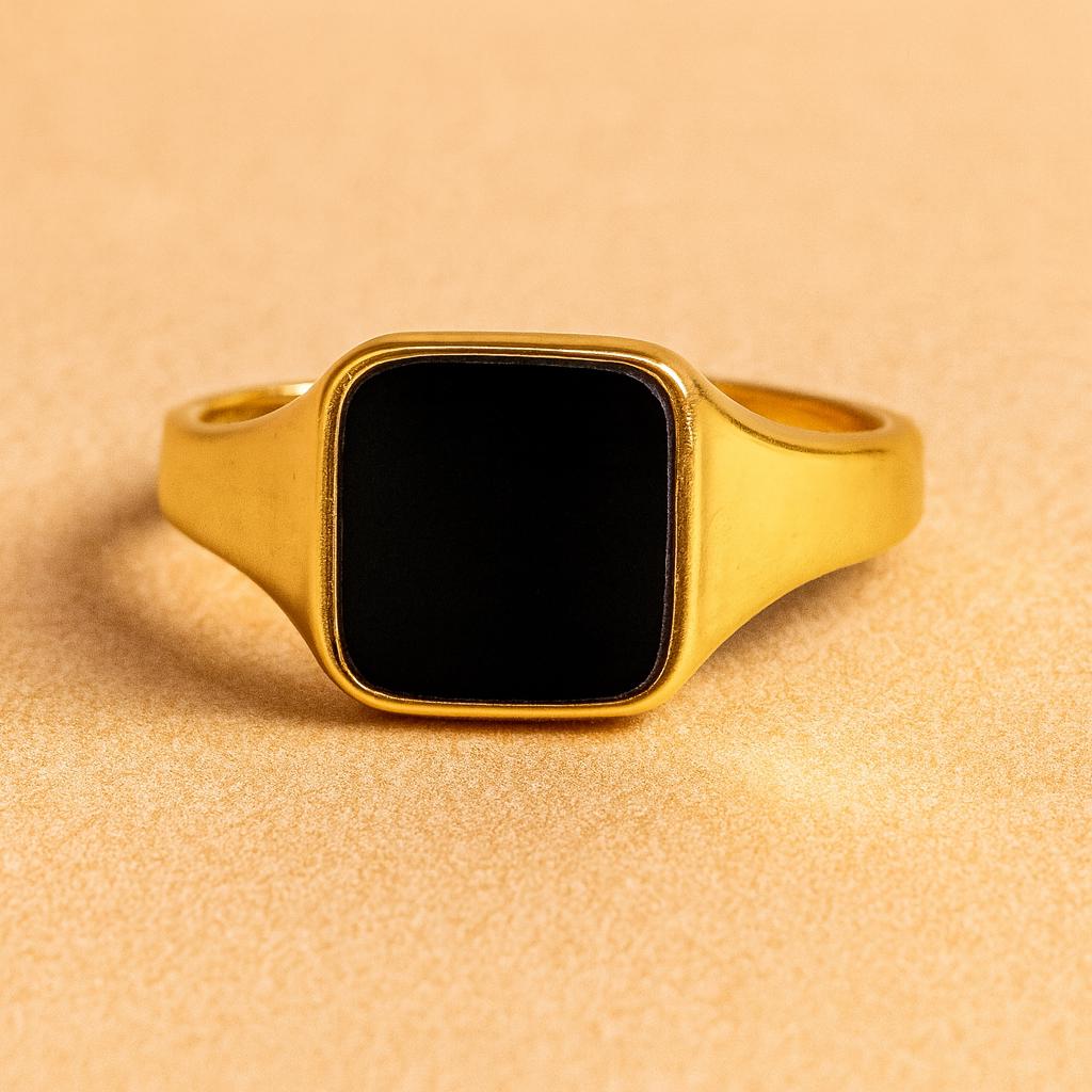 Inel sigiliu pentru bărbați placat cu aur cu onix negru – Bijuterie statement clasică pătrată, cadou pentru el