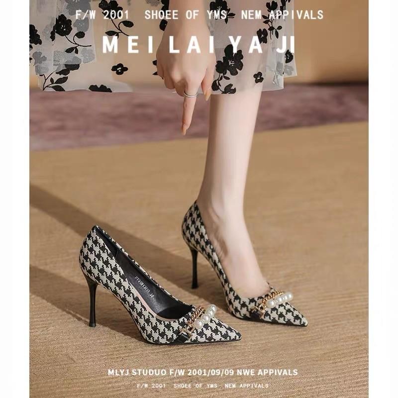 BITRE Shoes 2024 Spring Women Pumps Pearl Metal Chain High-heels Checked Grain Stilettos Women Heels Luxury Banquet Shoes