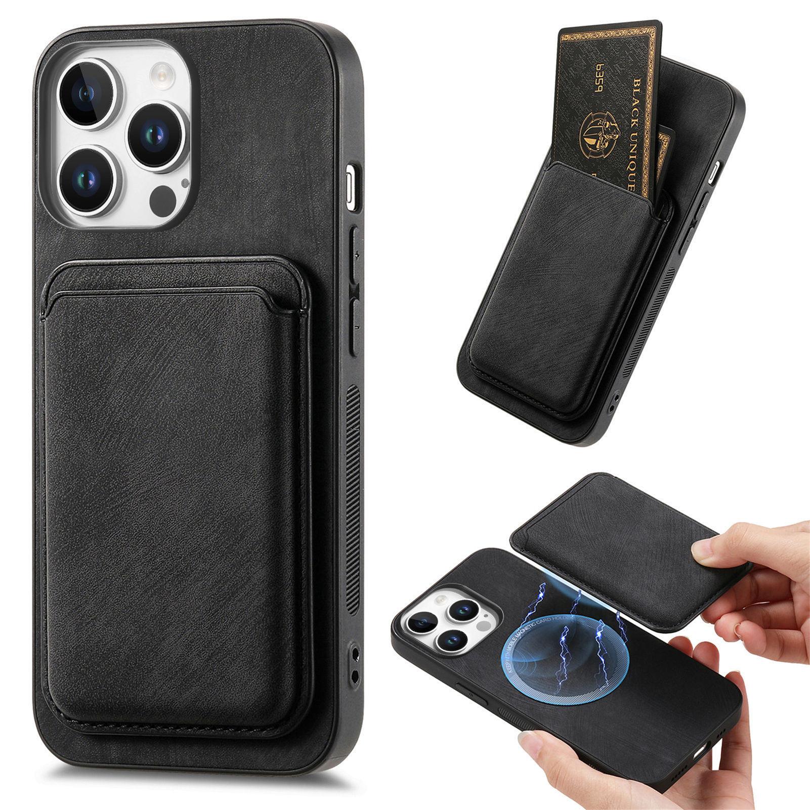 

For iPhone 16 Pro Max Case Compatible with MagSafe Leather Back Cover with Detachable Card Holder Black