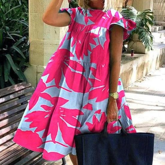 O-Neck Mini Dress Popular Soft Texture Flying Short Sleeve Butterflies Pattern Large Hem