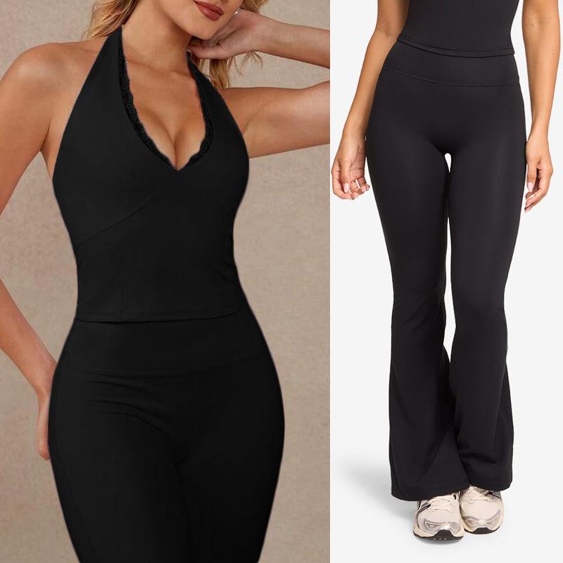 Yoga Pants Set Lace Splicing Neck Top Women's High Waist Flared Pants Running Sports Fitness Set