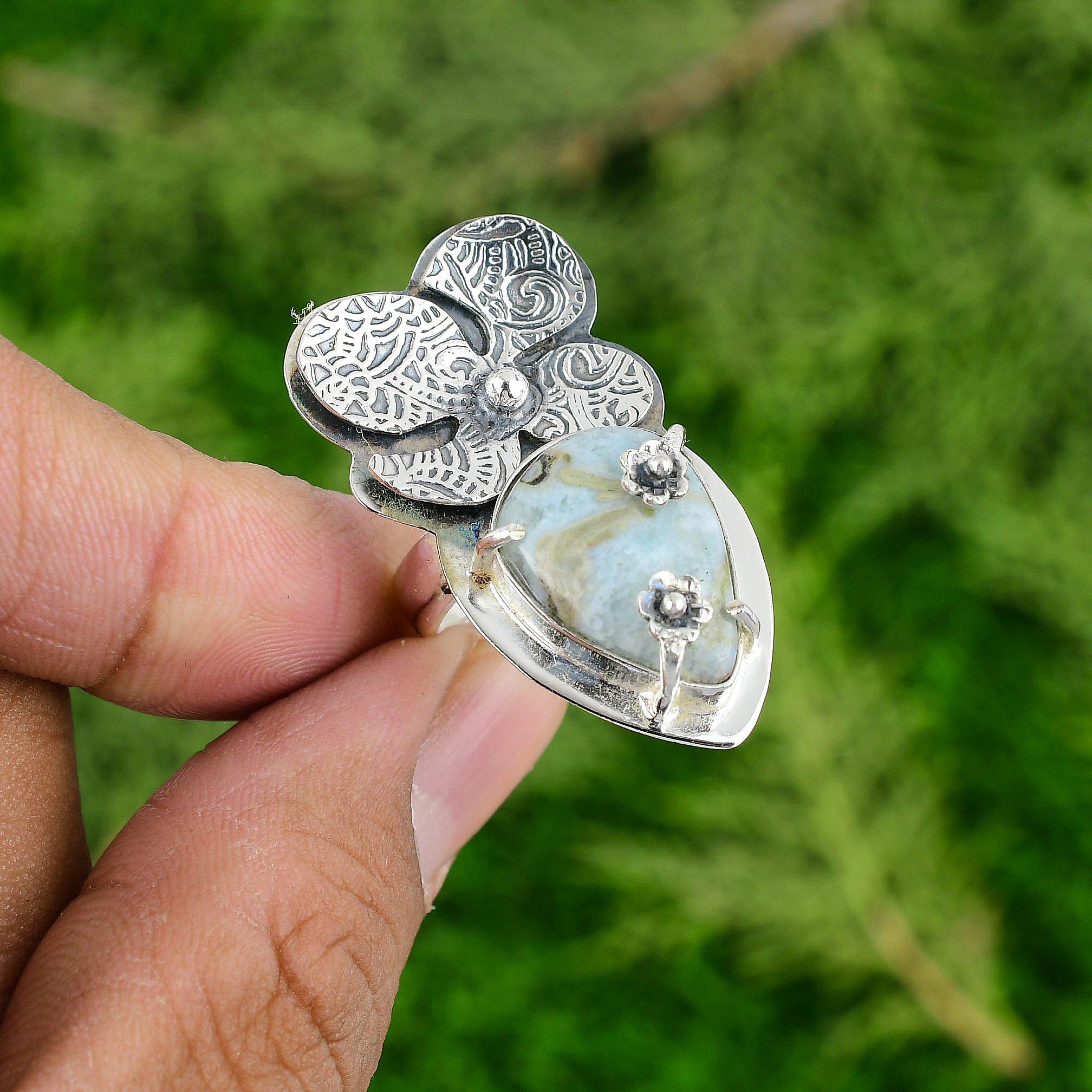 

Pear Larimar Gemstone Flower Wedding Boho Wife Art Deco Ring 925 Sterling Silver Adjustable