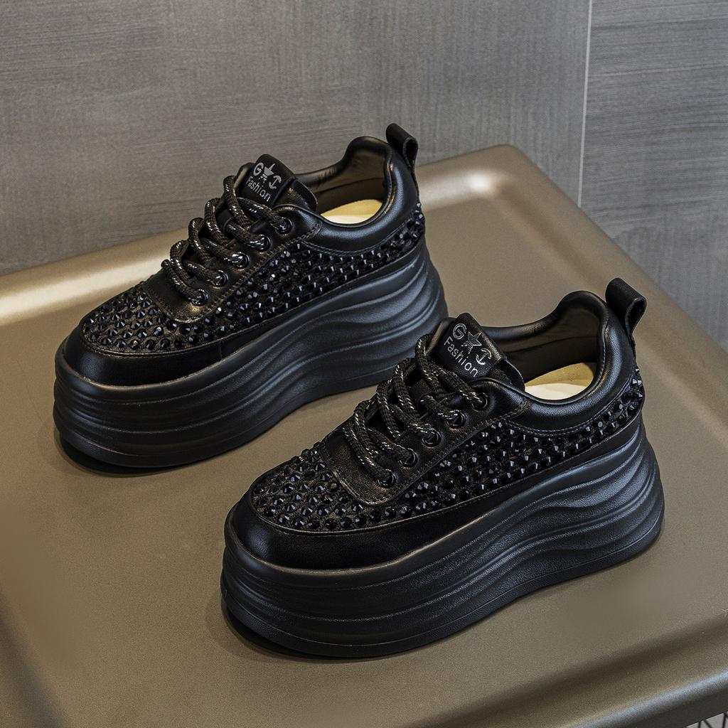 Leather black sneakers women's autumn new fashion rhinestone thick sole inner height increase small casual shoes