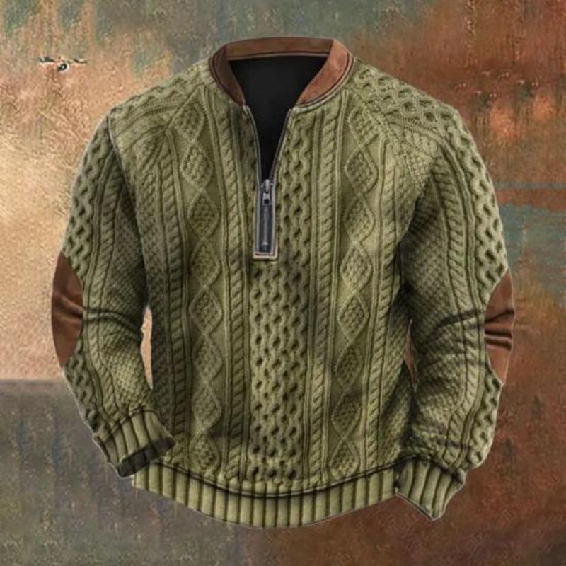 Fall Winter Men Sweatshirt Half Zipper Rhombus Texture Patchwork Round Neck Pullover Long Sleeves Daily Outdoor Sports Top