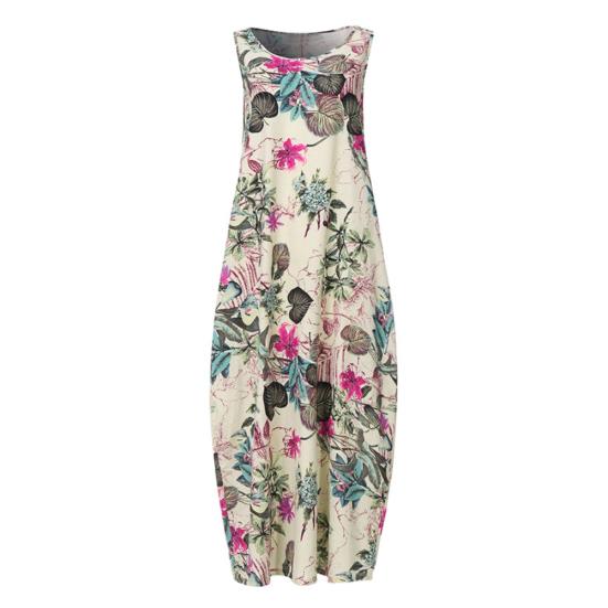 Abito Lungo Lento da Donna Vintage Senza Maniche Scollo O Stampa Floreale Foglie Cotone Lino