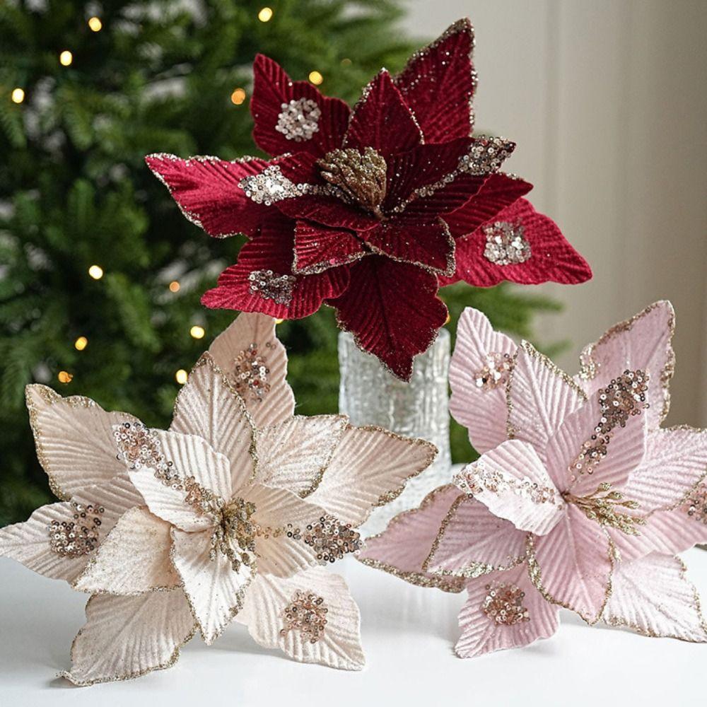 Fleece Fabric Christmas Flowers 25cm Xmas Tree Pendant Gold Glitter Flower Xmas Holiday Decor