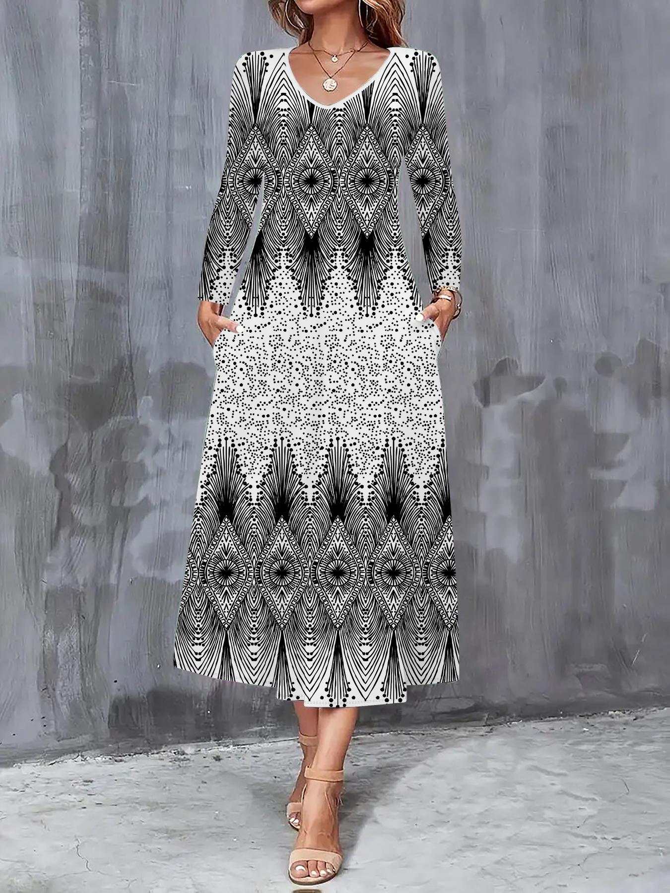 

Осінь-Зима 2025 Нова Жіноча Повсякденна Модна Сукня Осіннє 3D Ретро Принт Довгий Рукав V-подібний виріз А-силуету Сукні XXL білий